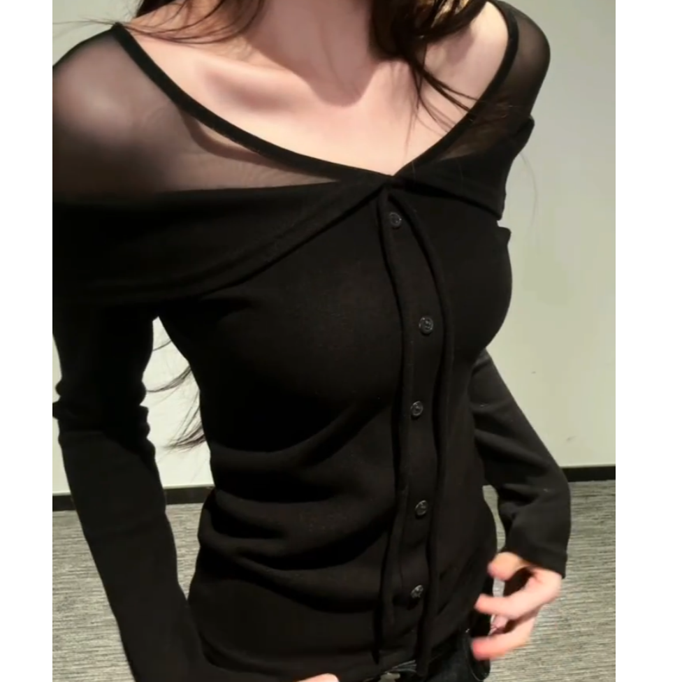 2025秋冬V领常规款长袖打底一字领拼接长袖T恤黑色百搭内搭显瘦