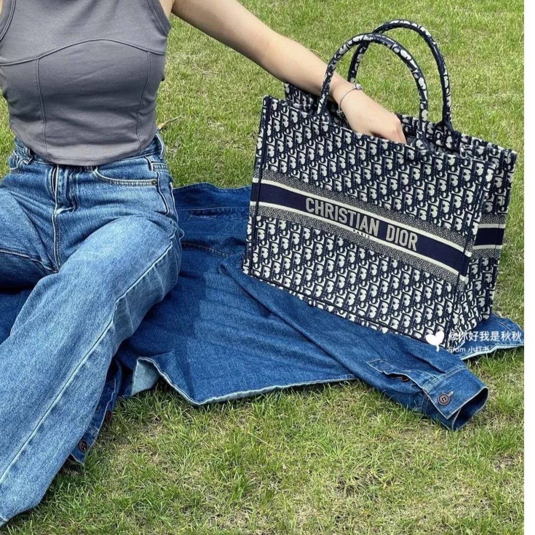 95新 DIOR/迪奥 小花JerryBook Tote 大号 42 蓝色 帆布
