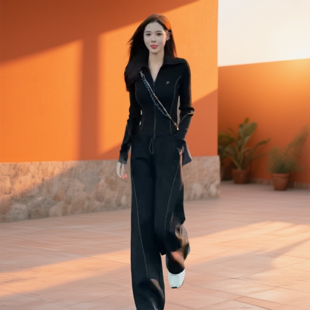 韩版休闲阔腿穿搭长裤一整套新款拉链开衫加绒秋冬穿搭一整套女装