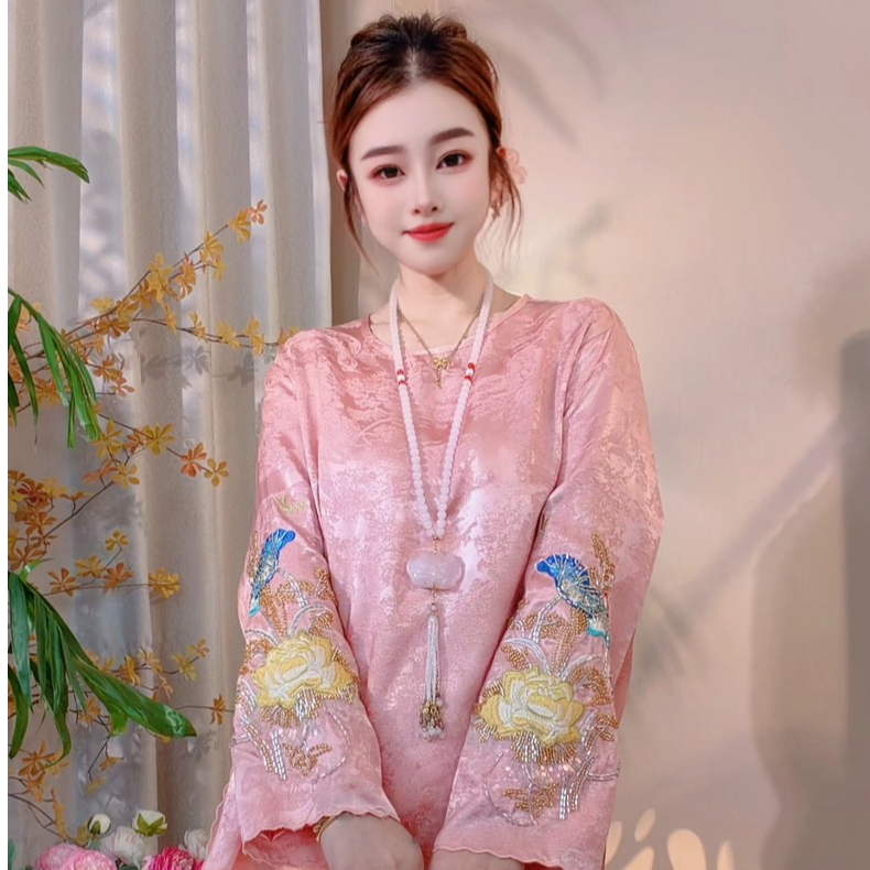 [绚丽多彩]新中式国风重工刺绣春新款高级感长袖衬衣内搭打底小衫