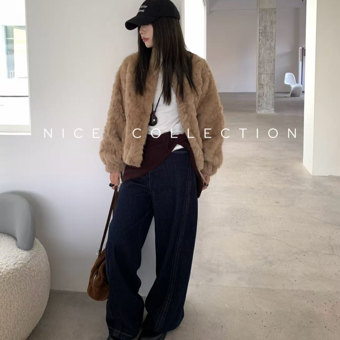 516•小湖羊 WT东大门小V领短款小湖羊皮毛一体短款外套