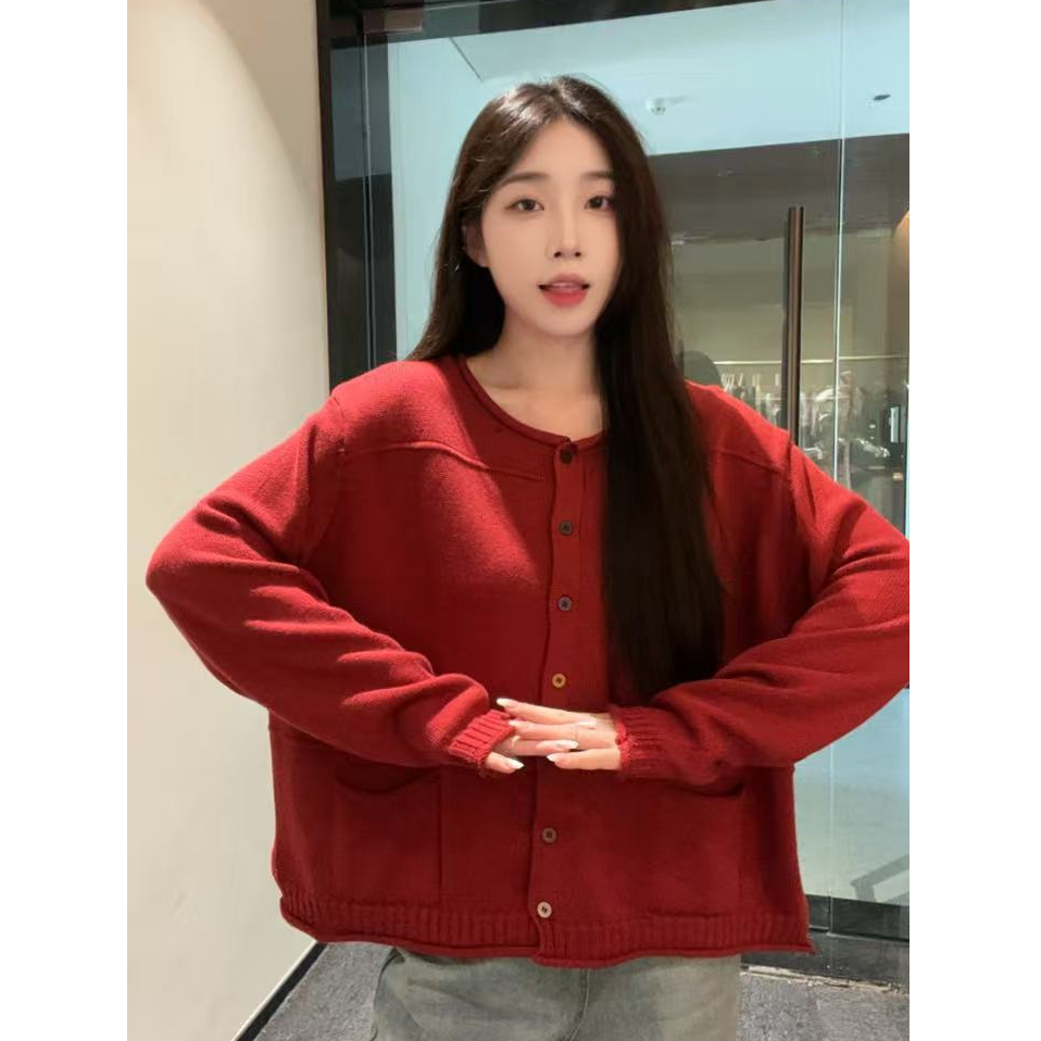 2025秋冬新款长袖圆领休闲毛针织衫针织女纯色复古宽松针织衫