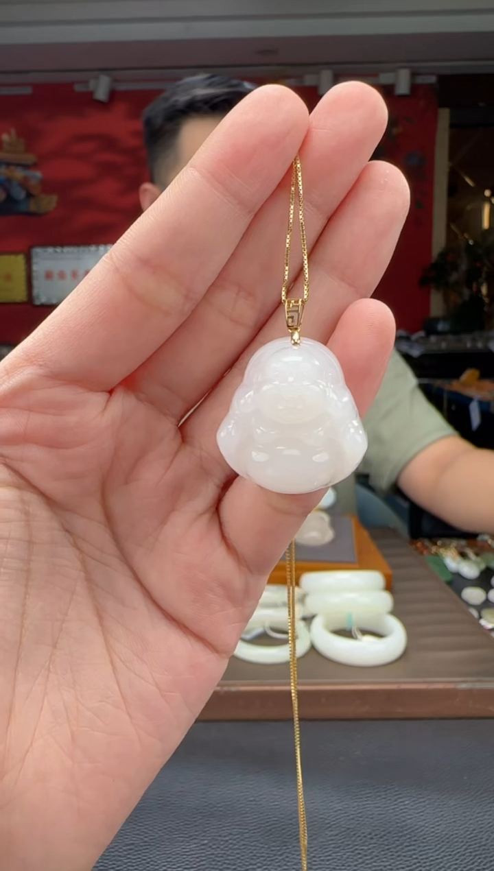 和田玉18K金镶嵌颈饰白玉佛公