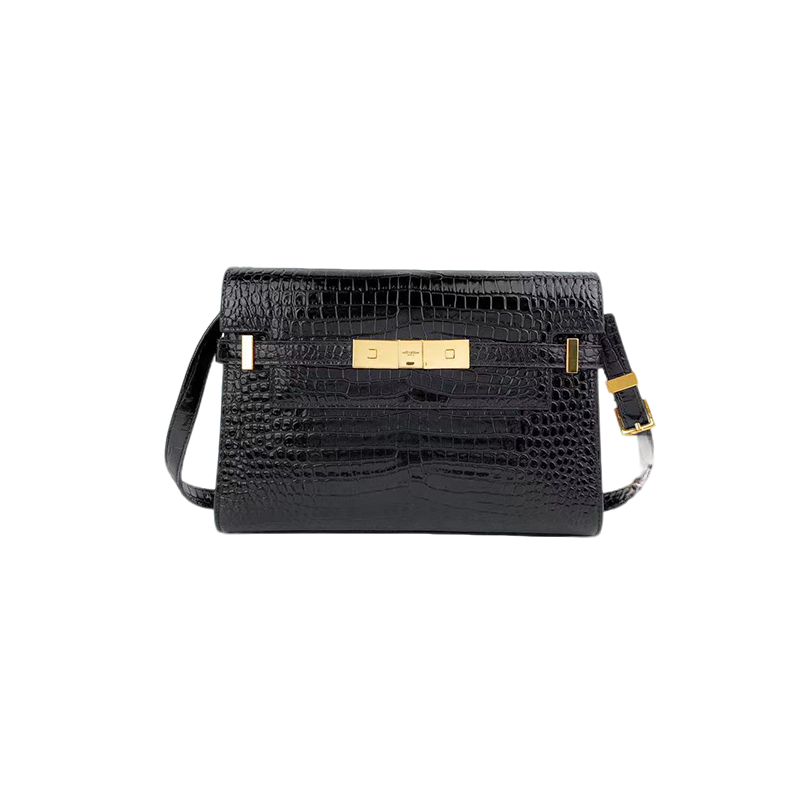 未使用 YSL/圣罗兰 鳄鱼压纹黑色金扣曼哈顿单肩包小号/中号