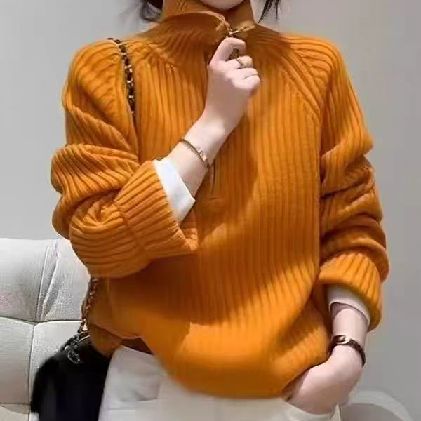 【半拉链-橘条】2025秋冬新款时尚百搭立领长袖针织衫宽松显瘦上衣