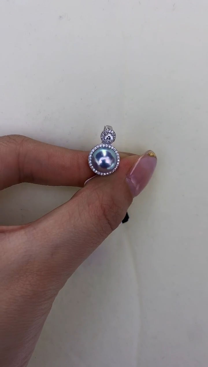 银S925镶嵌DA海水珍珠灰珠吊坠9-10MM DZ002