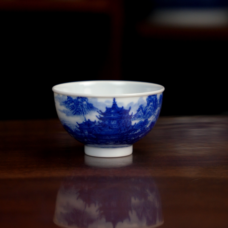蓬莱仙岛自成堂柴窑青花楼阁山水鸡心杯主人杯家用功夫茶具品茗杯
