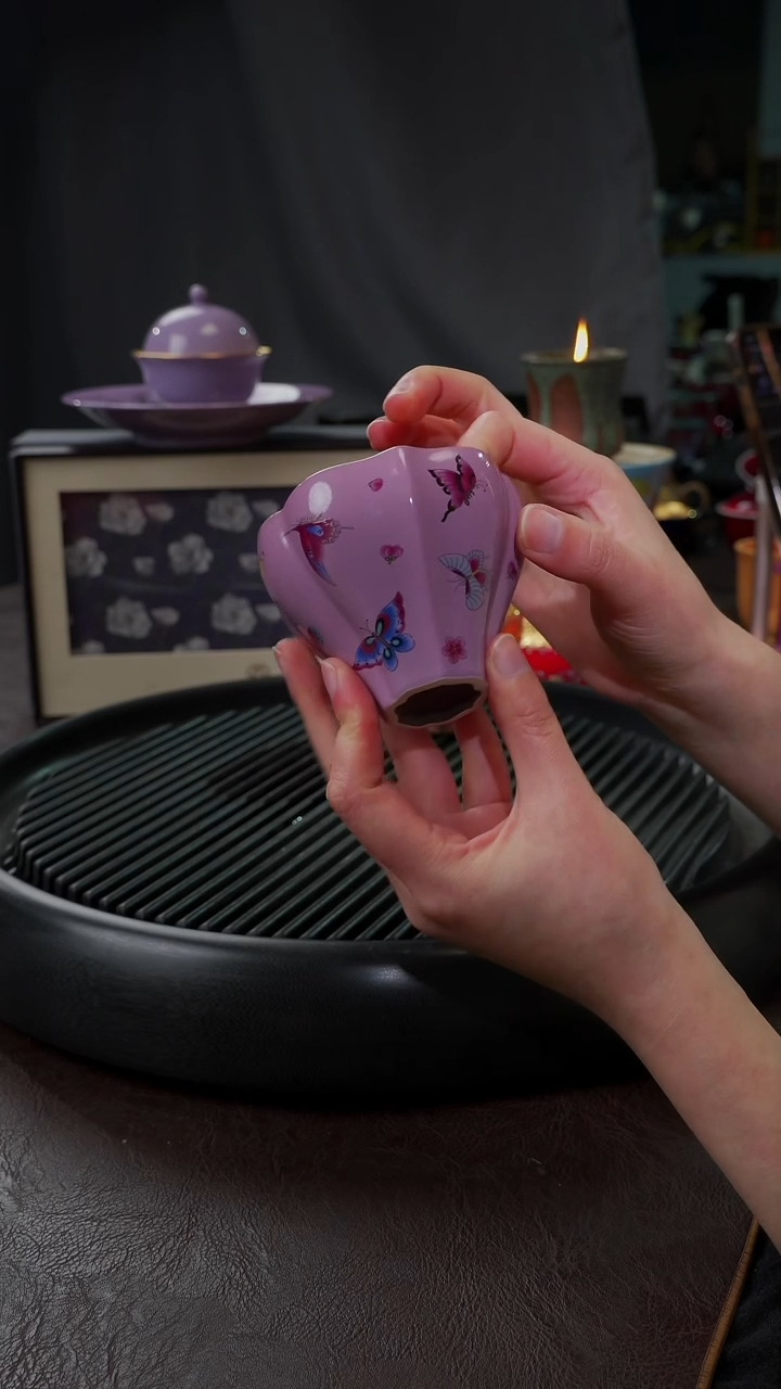 【闪购商品】杯【宜景窑烟幕紫蝶舞鎏金】三合菱花