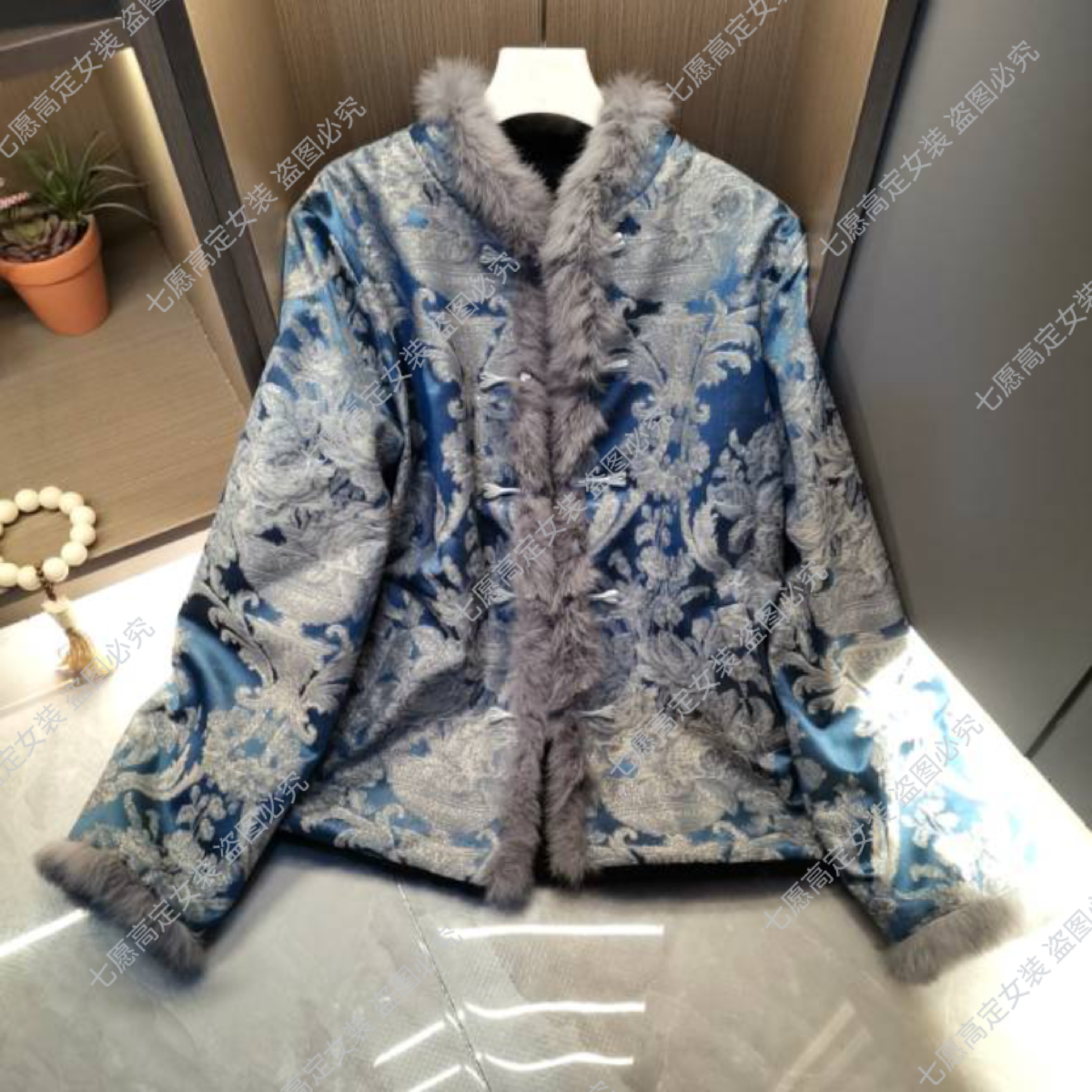 【青花瓷-小姆貂】冬季双面穿水貂兔毛拼接中式复古上衣906