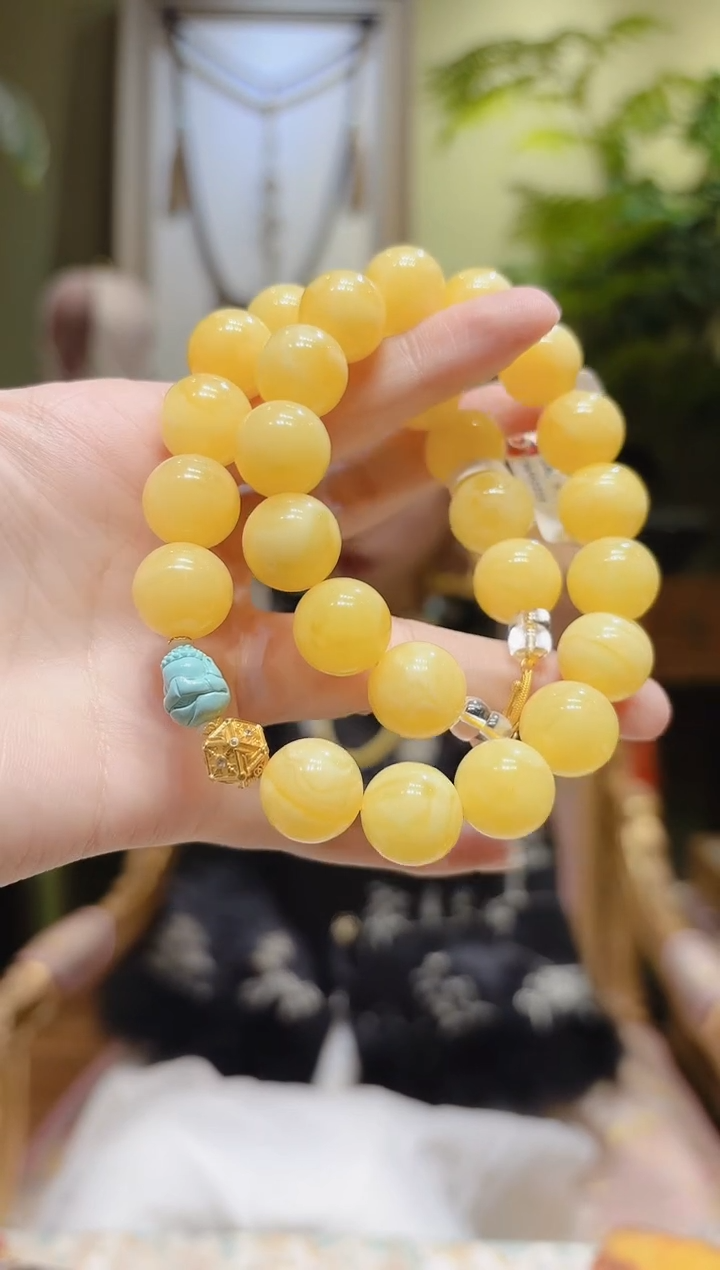 【闪购商品】蜜蜡手串18K金镶嵌蓝佛蜜蜡项链