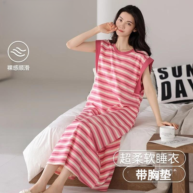 带胸垫女士无袖坎肩背心睡裙长款条纹睡衣大码家居裙2025夏季新款