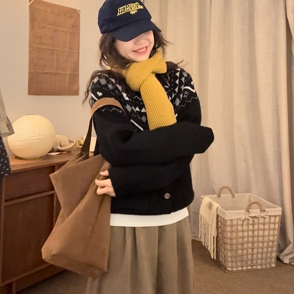 复古印花费尔岛圆领针织开衫女春秋慵懒宽松软糯亲肤百搭毛衣上衣