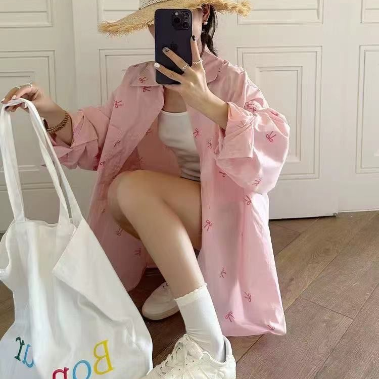 大码女装蝴蝶印染春季薄款衬衫宽松韩版中长款休闲外套2025新款