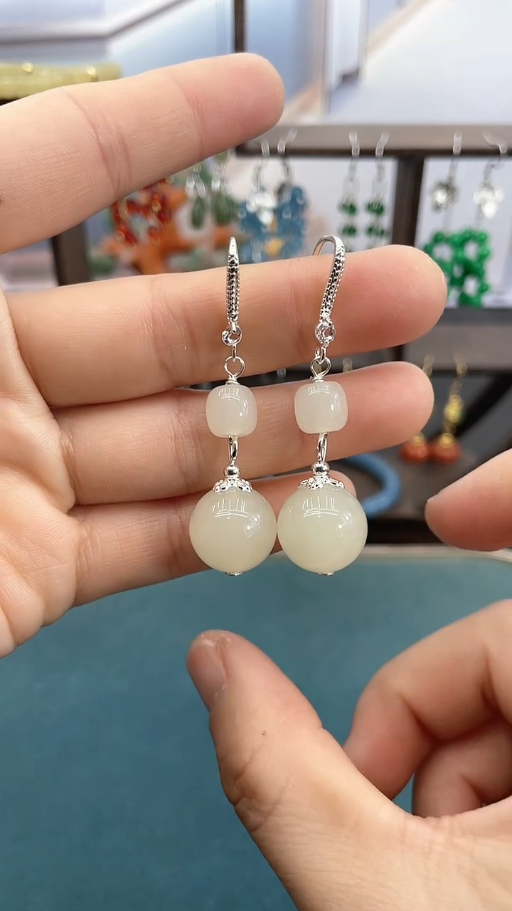 银S925镶嵌和田玉耳饰14mm白玉双珠