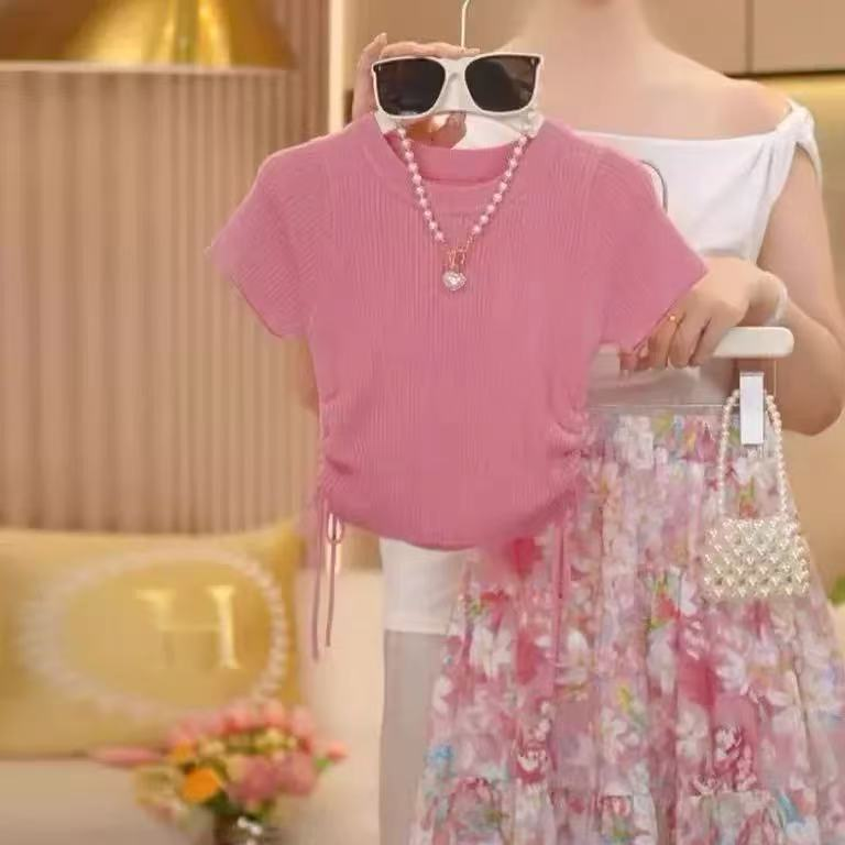 女童冰丝短袖夏季2025新款中童洋气圆领收腰针织T恤