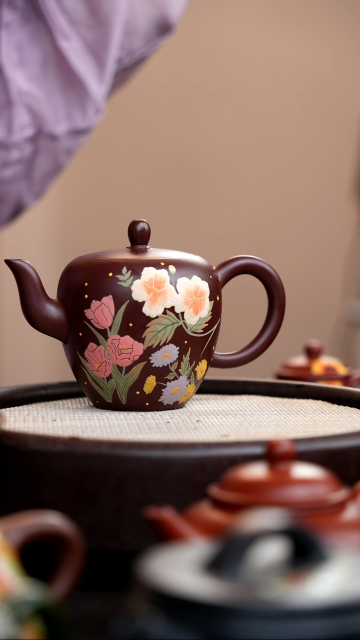 茶壶紫砂紫脂泥美人肩泥绘繁花007