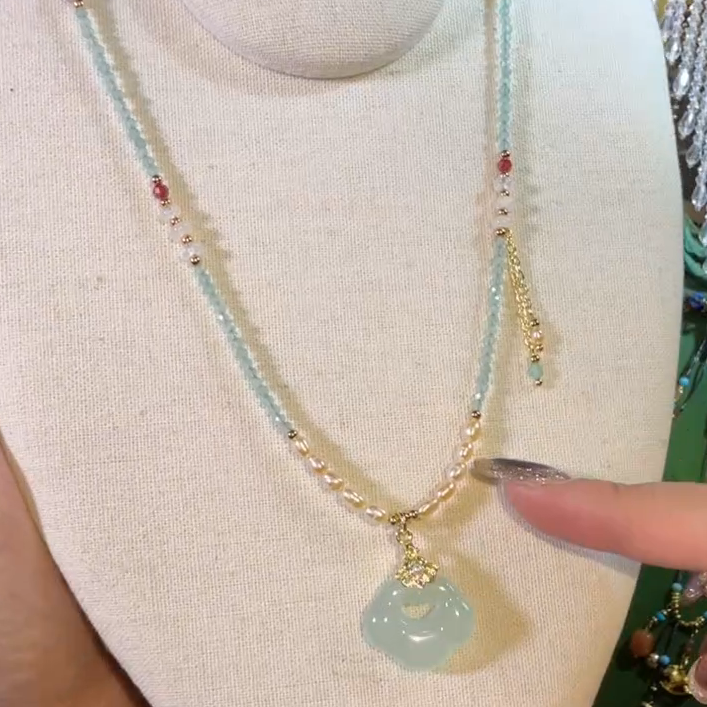 爽子珠宝 浅蓝祥云淡水珍珠国风项链 013