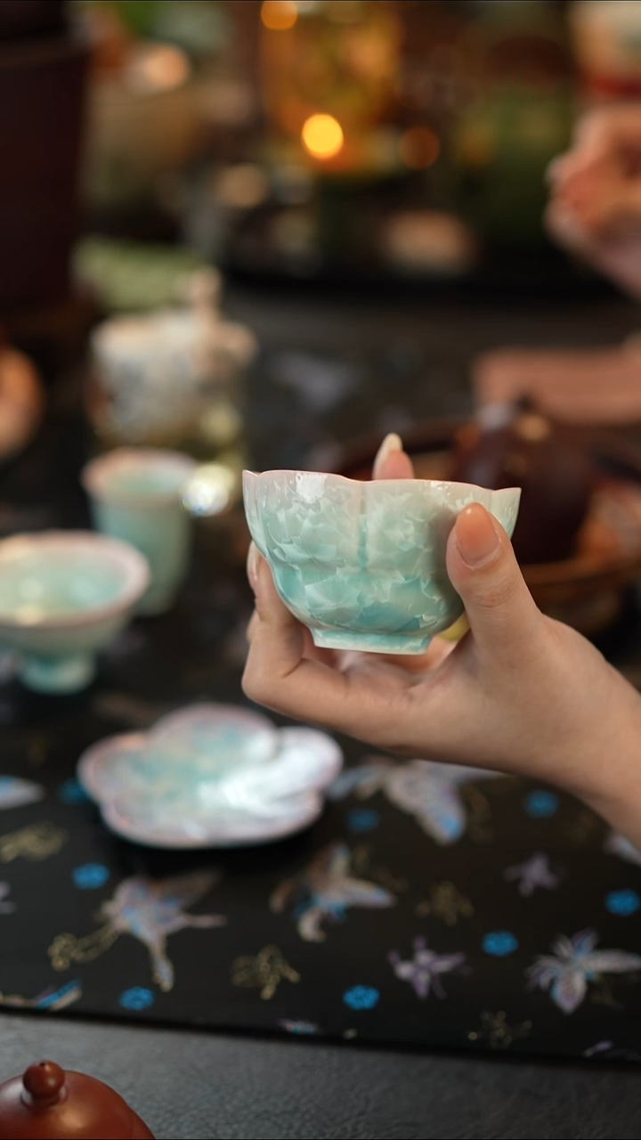 摆件陶窑变结晶釉渐变青-花魁杯