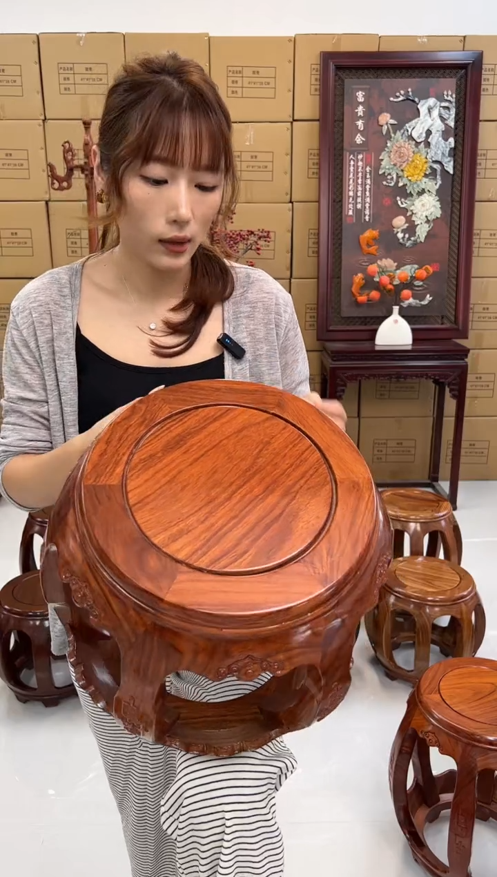 花梨木类坐具亚花梨花梨色小号雕花小号鼓凳