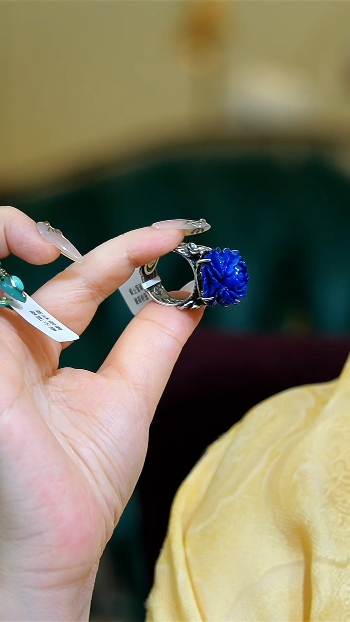 【闪购商品】青金石戒指银S925镶嵌青金牡丹花925银戒指