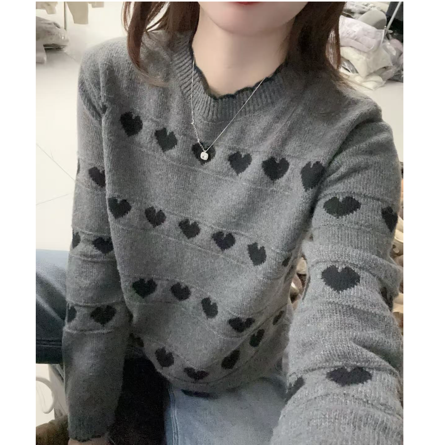 2025冬季爱心毛衣针织女常规款厚款毛针织衫打底衫百搭针织衫