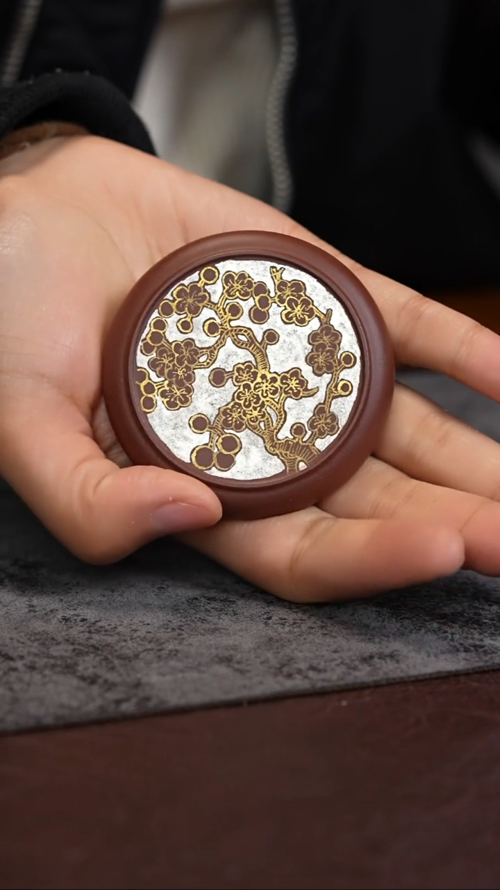 【闪购商品】紫砂茶杯描金银 冰梅 盖置饼