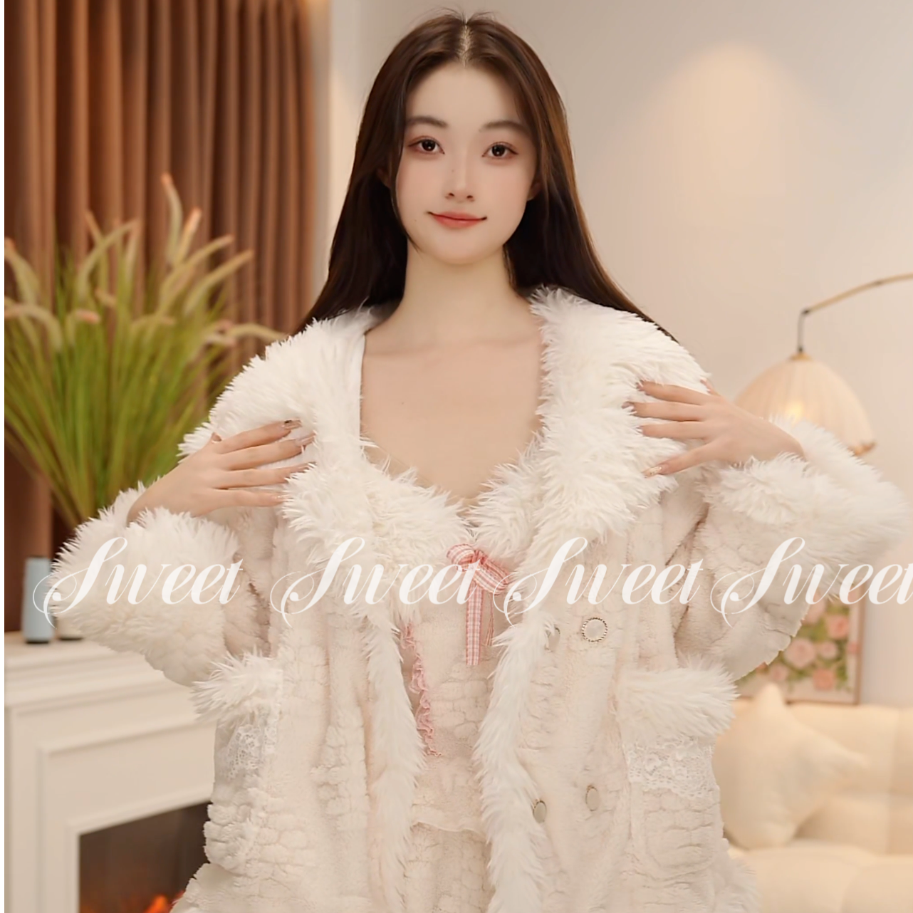 甜心【暖白和煦】新款冬季保暖厚款毛毛睡衣家居服套装