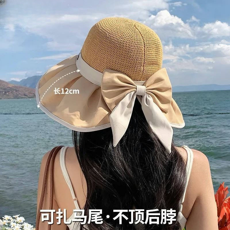 新款黑胶遮阳帽子女夏季防紫外线时尚蝴蝶结百搭显瘦加大檐防晒帽