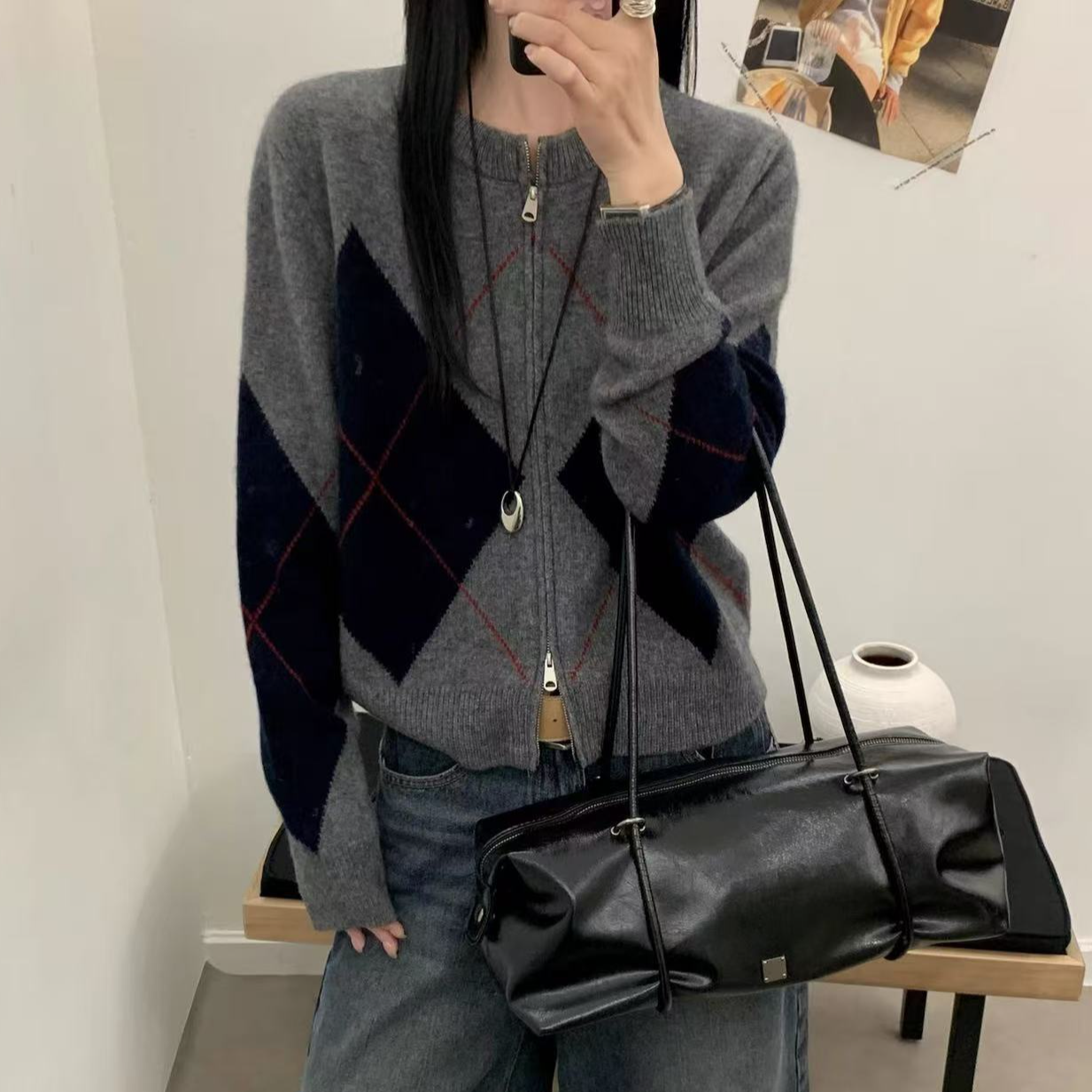 8821#2025秋冬新款时尚百搭圆领长袖菱形格羊毛针织开衫宽松毛衣