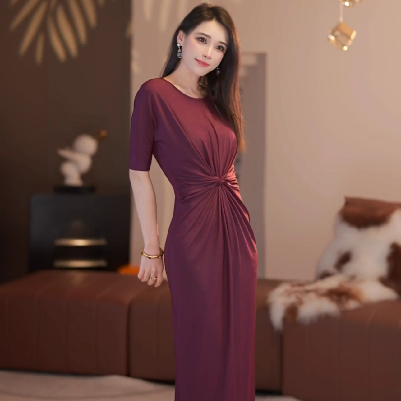 【静铉】柔光雾紫春夏新款法式气质高级显瘦直筒连衣裙-YL50093