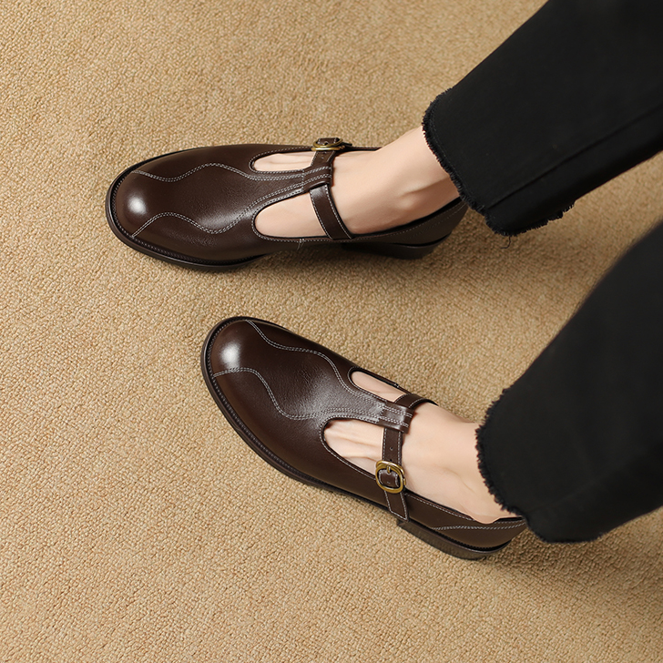 2025年春季新款复古单鞋T字带圆头小皮鞋真皮女鞋英伦风百搭鞋子