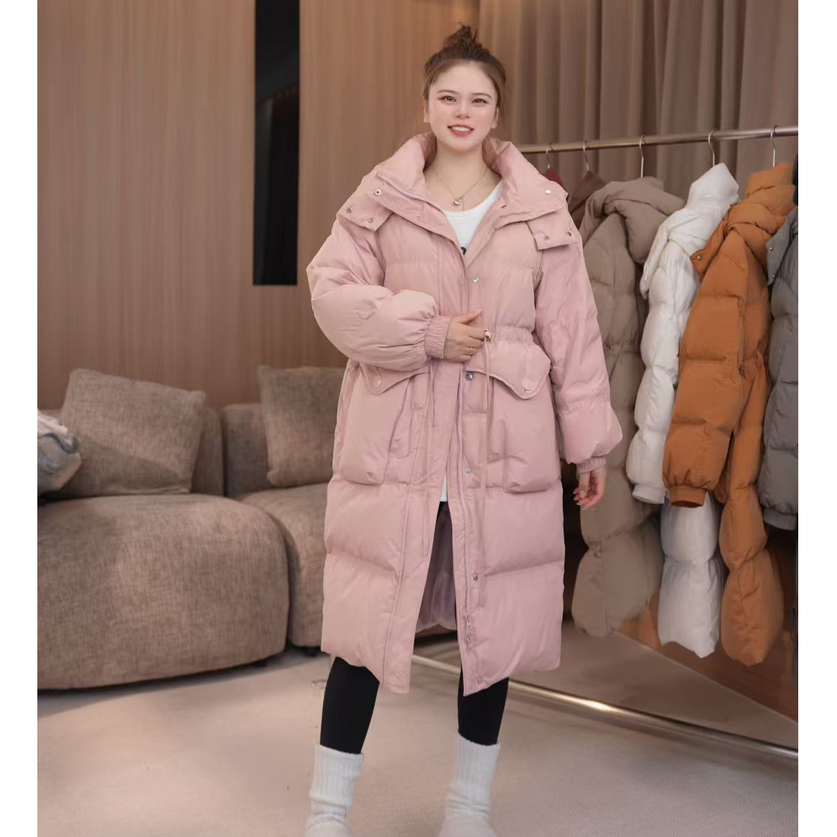 【叶子新选】收腰抽绳羽绒服女中长款手套款韩版冬季外套SY1222