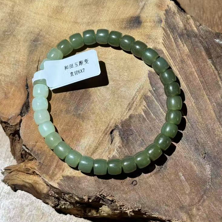 和田玉碧绿珠渐变直切单圈手串 K445 无礼盒