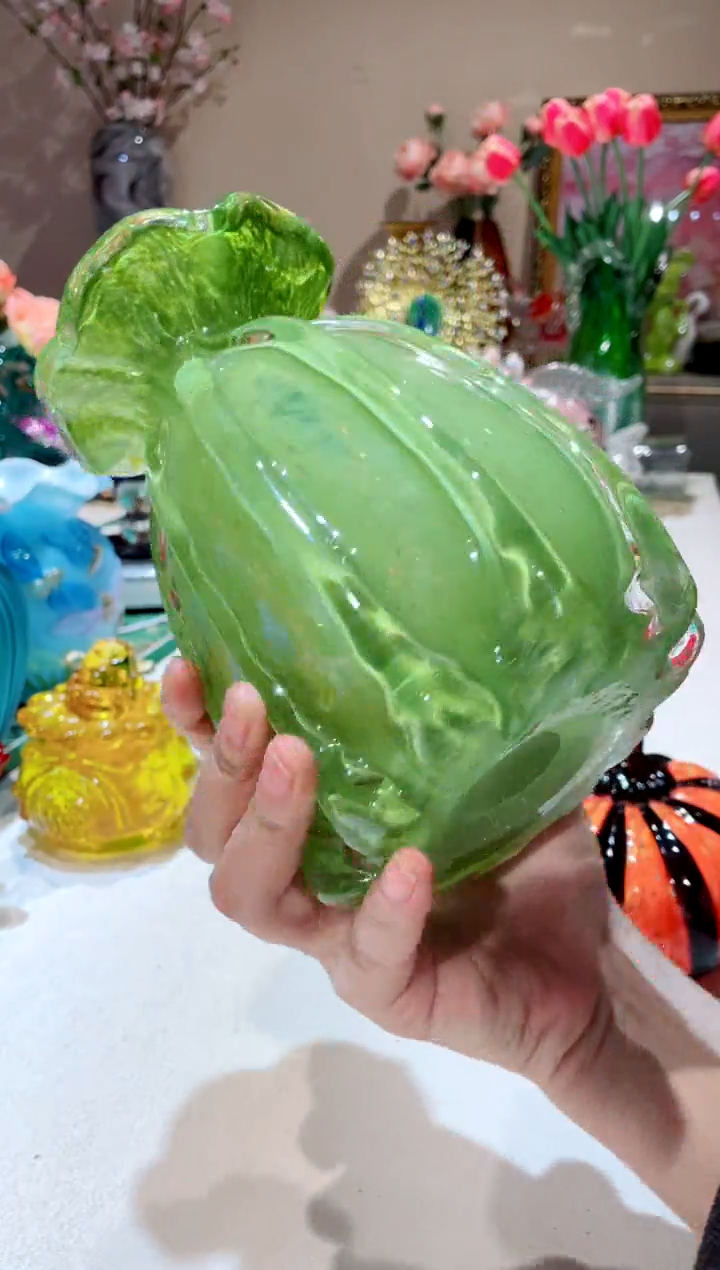 【闪购商品】琉璃手工艺品绿色荷包花瓶 微瑕