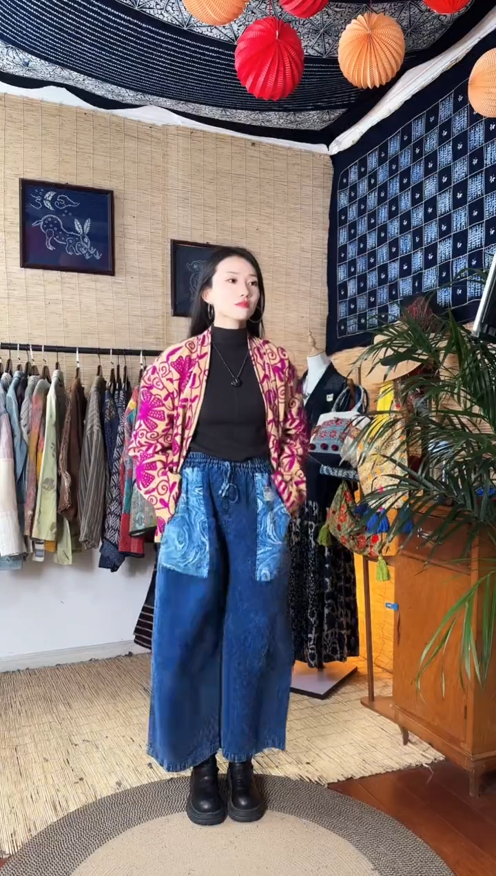 【闪购商品】设计师款蓝拓印拼接裤子