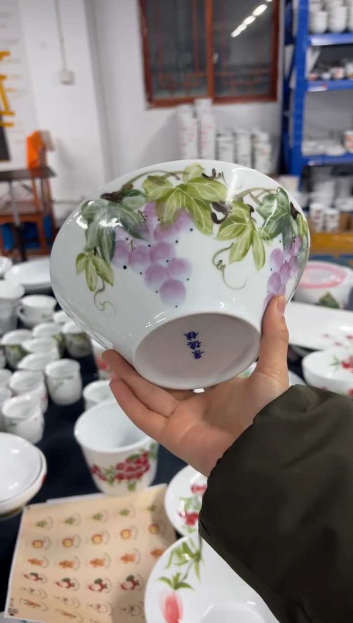 景德镇高温陶瓷食品级手绘釉中彩-斗笠面碗