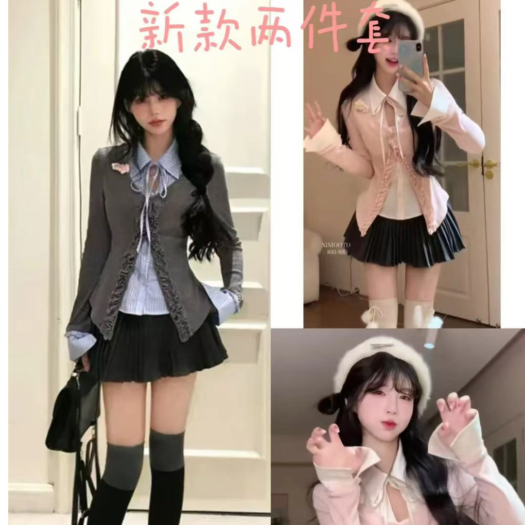 小个子气质假两件收腰上衣半裙女装2025秋冬新款纯欲辣妹减龄套装