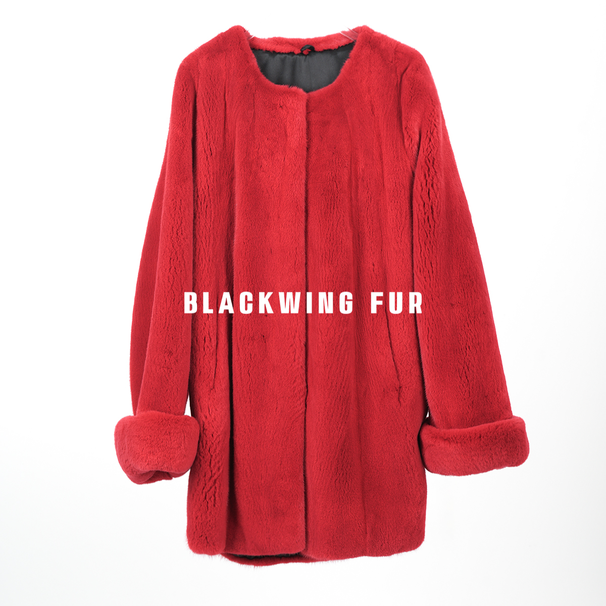 [黑翼.圆领中国红]秋冬新款女装高奢气质中国红进口水貂皮草