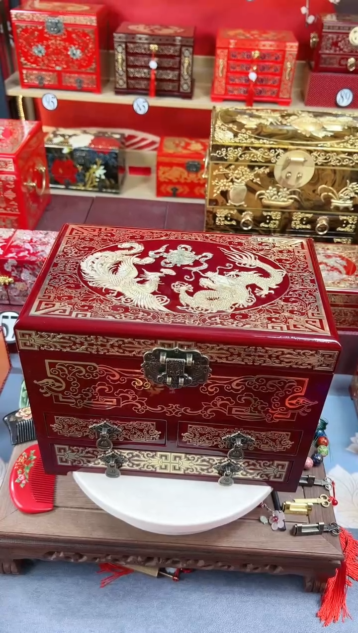 【闪购商品】28厘米新款四层三抽掐丝螺钿镶嵌酒红凤凰