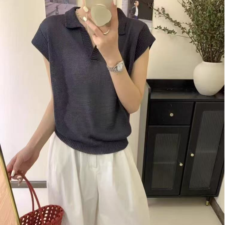 有运费补贴~深灰色V领时尚休闲复古镂空和纸纱上衣