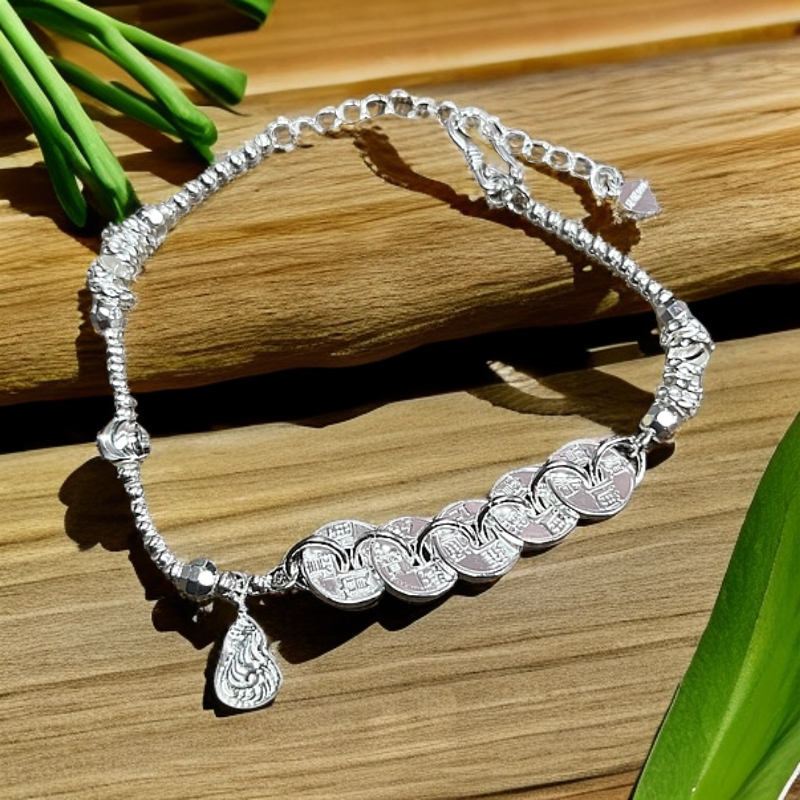 足银手链 民族风唐草纹葫芦五帝币手链