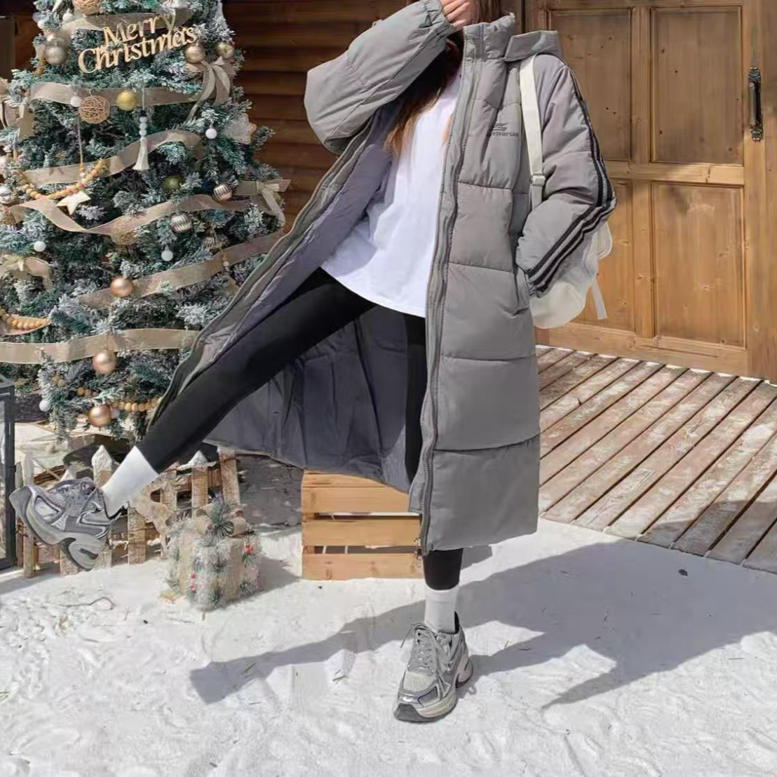 Y1285灰长版印花连帽冬季外套