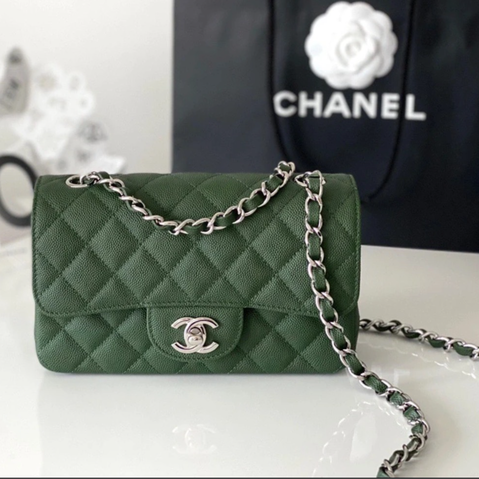 99新 Chanel/香奈儿 CF Mini Bag银扣墨绿色鱼子牛皮 斜挎单肩包