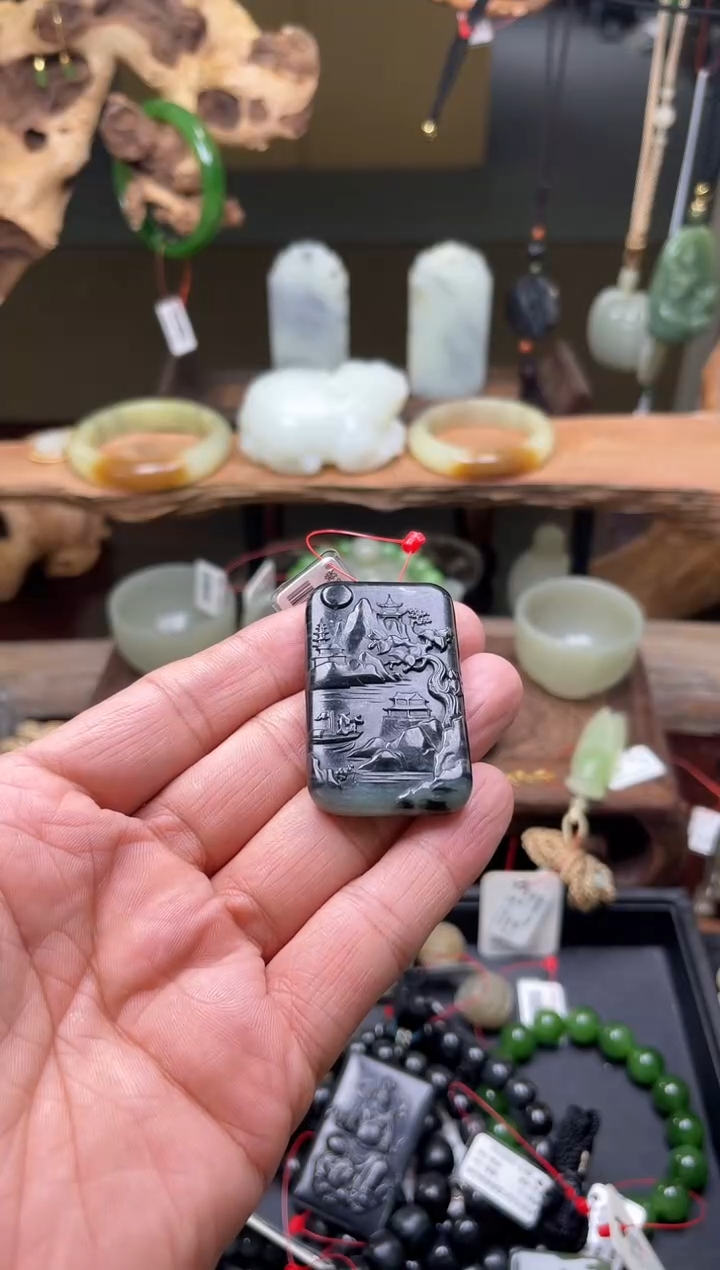 【闪购商品】和田玉吊坠未镶嵌毛毛矿青花 山水无事牌9003178