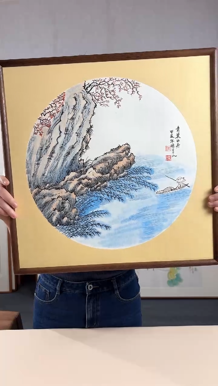 【闪购商品】国画手绘*青蓑孤舟斗方*53*53cm实木框