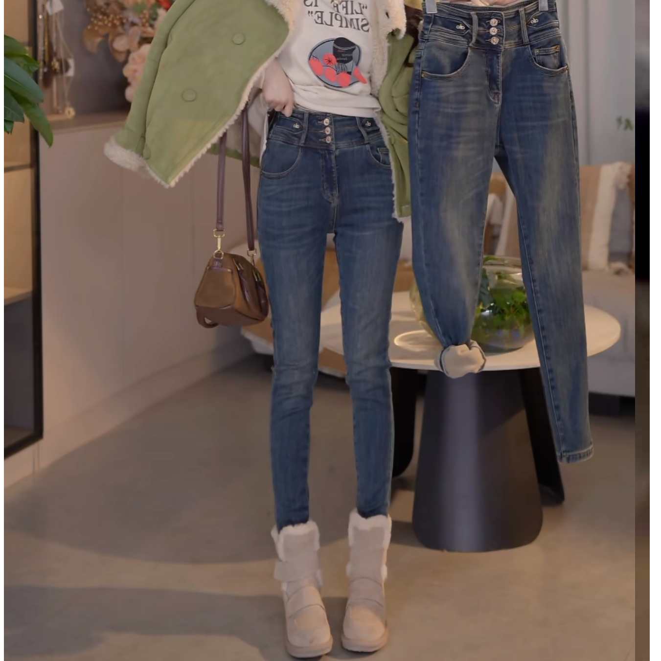 『显瘦纽扣J』时尚气质百搭时尚加绒牛仔裤580131