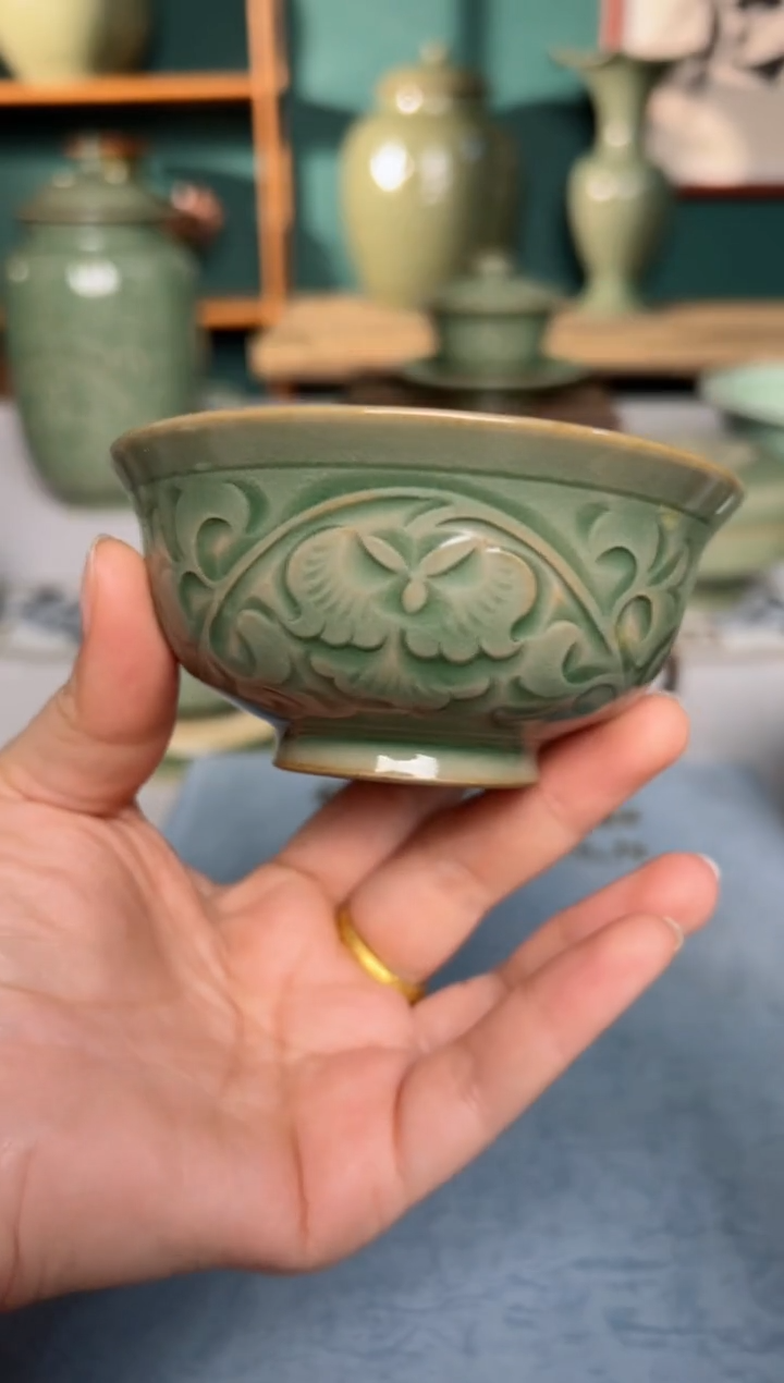 【闪购商品】其他耀州窑纯手工内外双刻缠枝牡丹压手杯