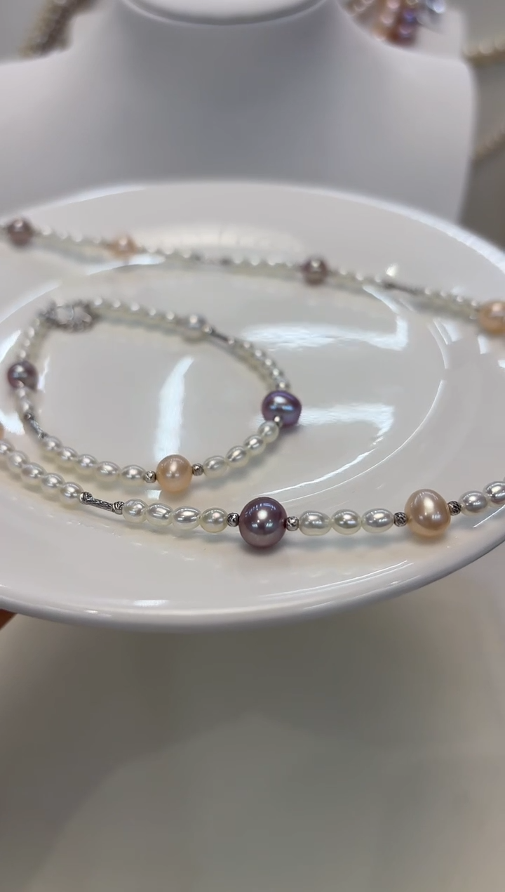 【闪购商品】淡水珍珠套链银S925镶嵌彩手链+项链套装