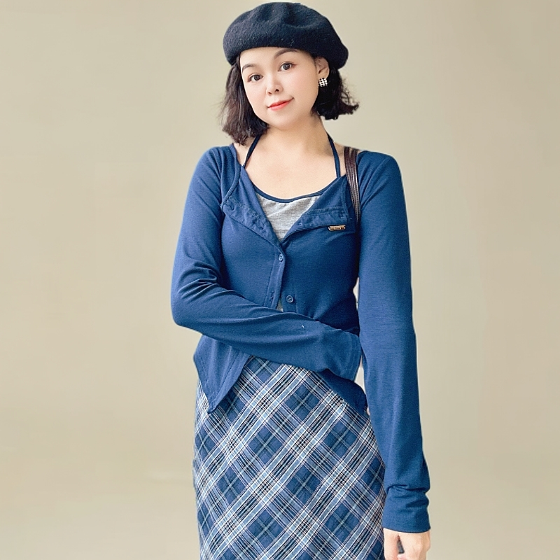 （兰琥珀）学院风假两件挂脖上衣蓝色格子半身裙复古百搭套装H23111