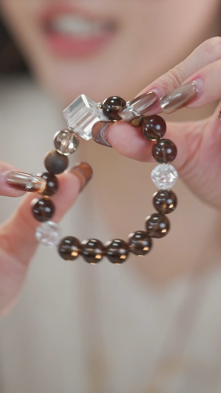 银S925镶嵌手链发晶白水晶茶晶手串